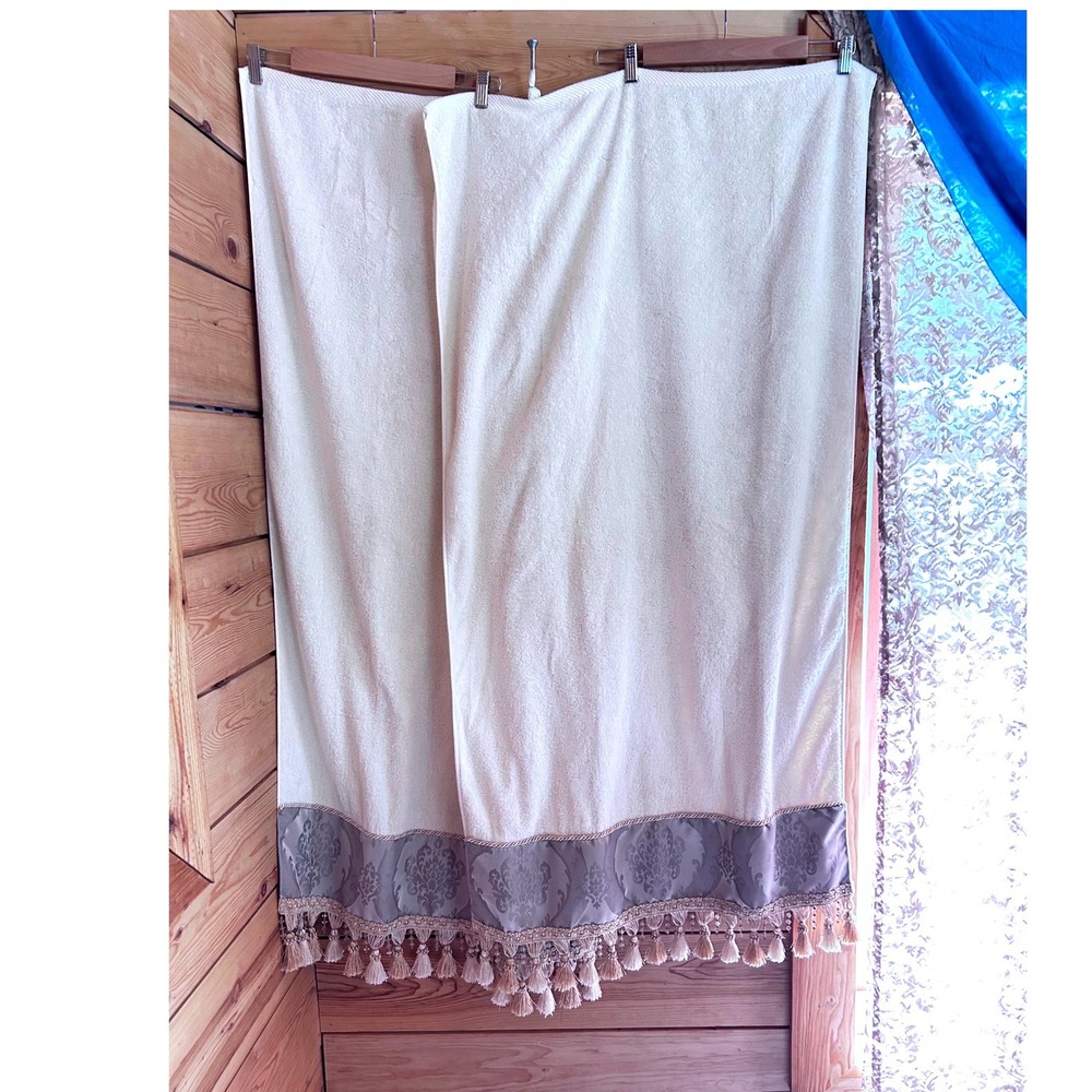 Vintage Cotton Bath Towels Large Cream Beige Damask Tassel Fringe Croscill Home